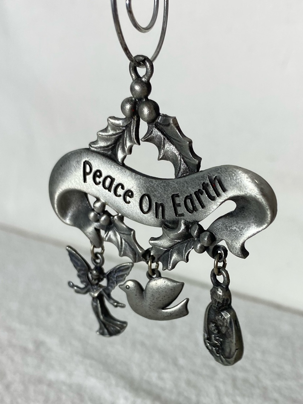 Vintage 90s Camco Pewter Peace On Earth Christmas Ornament W 3 Dangling Charms